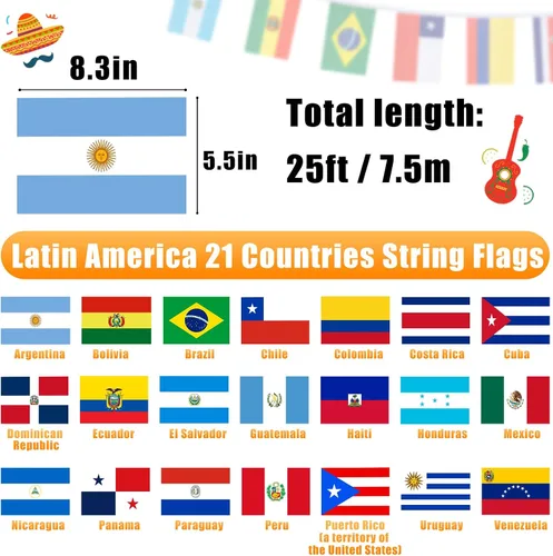 Vista 5 de Banderas de cuerda de América Latina de 21 países, decoraciones del mes de la herencia hispana, pancartas surtidas de bandera latina de 25 pies