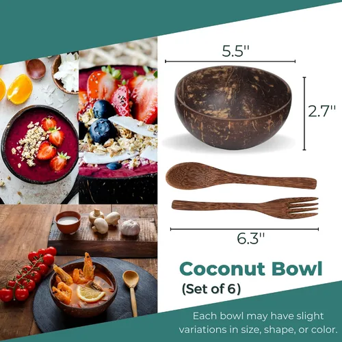 Vista 2 de Juego de 6 cuencos de coco natural y cucharas de madera Juego de cuencos orgánicos reutilizables ecológicos para batidos Acai Buda