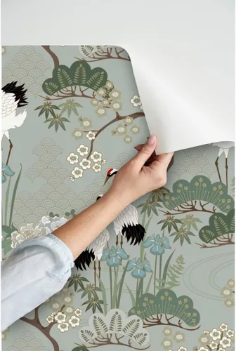 Vista 3 de Spoonflower Crane Chinoiserie - Papel tapiz extraíble para despegar y pegar Rollo de 24 x 72 pulgadas Jardines florales de pájaros y flores