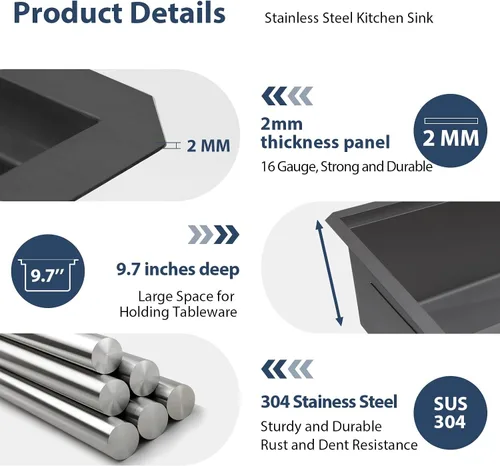 Vista 7 de Lordear 33 Inch Matte Black Double Bowl Kitchen Sinks