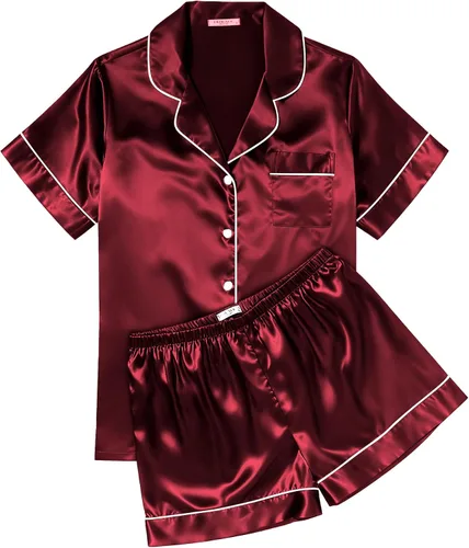 Vista 26 de Ekouaer Conjunto de pijama de satén de seda para mujer, suave, de manga corta, con botones, ropa para dormir, camiseta y pantalones cortos, juego