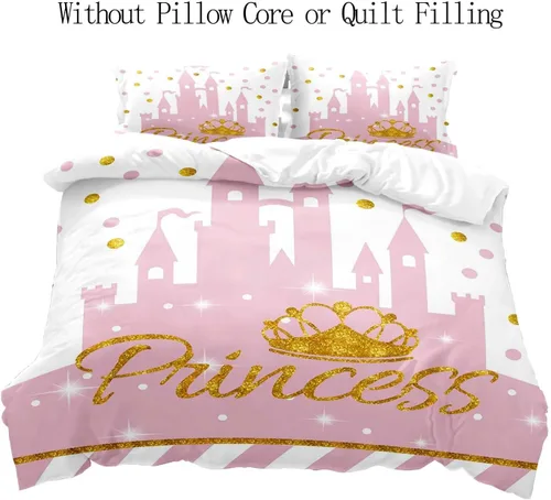 Vista 2 de LUVIVIHOME Juego de funda de edredón de castillo rosa claro de 2 piezas, funda de edredón blanca, ropa de cama para adolescentes, ropa de cama