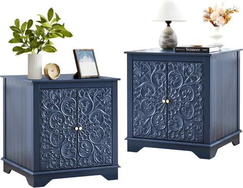 Vista 10 de weselon Mesa auxiliar de estilo granja con puerta floral tallada, mesita de noche de 24 pulgadas de ancho con estante ajustable, mesa auxiliar