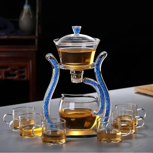 Vista 5 de RORA - Juego de té de Vidrio, juego de té automático de vidrio, juego de tetera Kungfu, magnético, giratorio, resistente al calor (color claro)