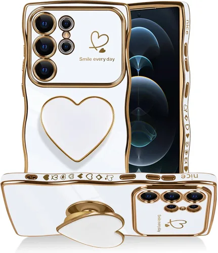 Vista 24 de Funda para Samsung Galaxy S23 Love-Heart Holder Case Cute Black Luxury Wave Frame forma rizada con corazón de amor, cubierta protectora de TPU suave
