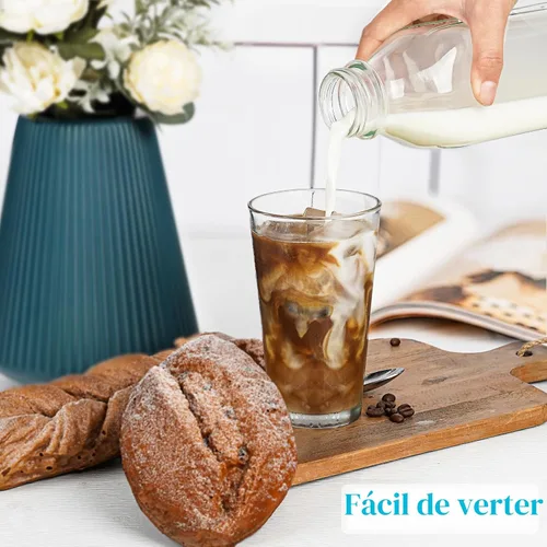 Vista 7 de Syntic Botellas de leche de vidrio cuadrado de un litro con tapa hermética, tapa de rosca resistente 100% a prueba de fugas, botellas de jugo