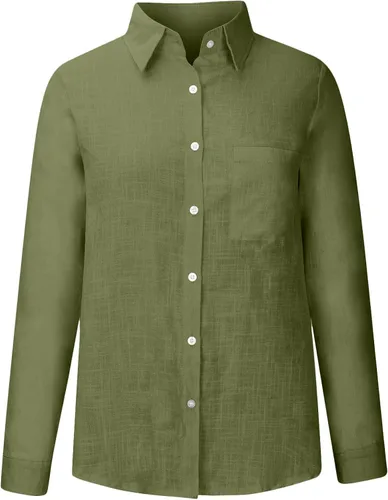 Vista 4 de Ceboyel Camisas de verano con botones para mujer, blusas de gasa de manga larga de algodón y lino, ropa de trabajo casual 2023