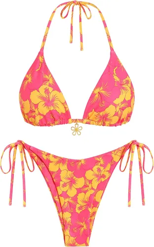Vista 9 de ZAFUL Bikinis triangulares estampados para mujer, 2 piezas, bikini halter, traje de baño de corte alto, traje de baño con lazo lateral 0-negro a