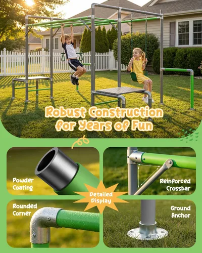 Vista 4 de Gimnasio de la Jungla al Aire Libre con Marco de Barras para Monos, Set de Escalada, Barra de Trapecio, Columpio de Cinturón, Barras de Gimnasia