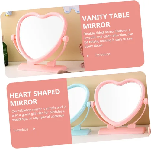 Vista 8 de Outanaya Espejo de mesa en forma de corazón de doble cara rosa tocador de escritorio decorativo espejo de 2 lados