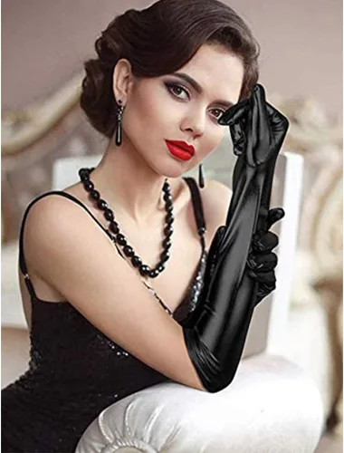 Vista 4 de Guantes largos elásticos para mujer, longitud del codo de 21 pulgadas, guante de cuero y satén para fiesta de ópera