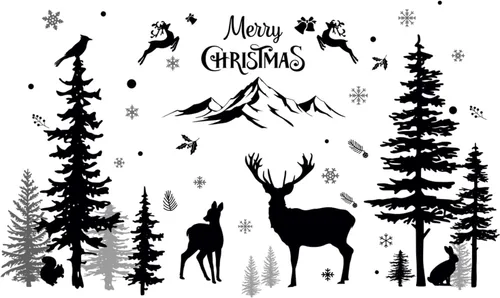 Vista 5 de Calcomanías de pared de Navidad, calcomanías de pared de animales del bosque de invierno, impermeable, montaña, bosque, ventanas, calcomanías
