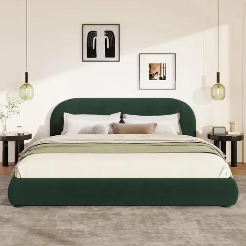 Vista 14 de Merax Cama de plataforma tapizada de tela Boucle tamaño Queen con cabecera curvada, marco de cama de madera moderno con patas cilíndricas para Crema