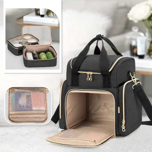 Vista 3 de LUXJA Bolsa de maquillaje Bolsa de cosméticos Bolsas extraíbles, Negro Large Cosmetic Bag with Multiple Storage Sections, 3 Detachable Dividers