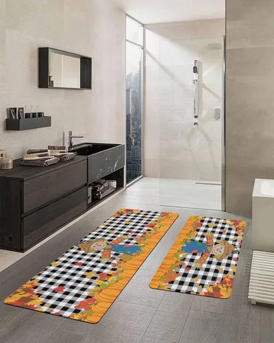 Vista 2 de Tapete de baño antideslizante para bañera, tapete de baño de espantapájaros, calabaza, hojas, alfombra de pasillo de baño, alfombra de pasillo