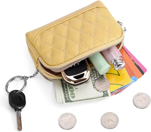 Vista 4 de XEYOU Monedero pequeño de piel auténtica con llavero y anillo, Amarillo, Casual