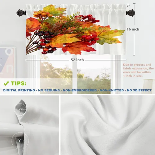 Vista 377 de Shrahala Orange Autumn Autumn Blackout Curtain Tiers, Fall Kitchen Valance Light Blocking Tier Drapes with Rod Pocket, 2 Pack 26 X 24 in