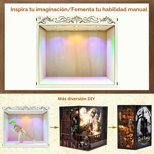 Vista 6 de Kit de Rincón de Libros, Sujetalibros Simple Booknook, Kit de Casa de Muñecas en Miniatura para Principiantes, Modelo de Rompecabezas 3D DIY con Luz
