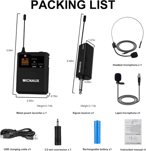 Vista 9 de Sistema de micrófono inalámbrico de solapa con auriculares y micrófonos de solapa, transmisores UHF, mini receptor recargable, 48 canales en 500