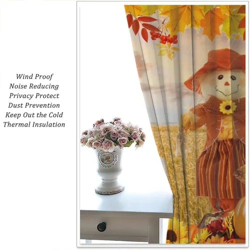Vista 5 de Divertidas cortinas opacas de calabaza y espantapájaros para sala de estar, rústicas de otoño, hojas de arce, girasol, cosecha de otoño, puesta