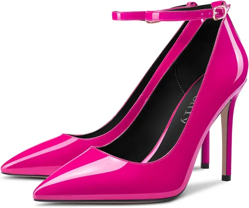 Vista 4 de DearOnly Zapatos de tacón para mujer, punta puntiaguda, correa de tobillo, tacón alto, charol de 4 pulgadas