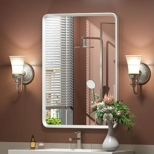Vista 40 de Espejo rectangular con marco mate negro de 20x30 pulgadas para baño, espejo de tocador para pared de baño con esquinas redondeadas, antióxido y a