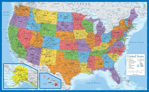 Vista 7 de Paquete de 4 pósteres en blanco de mapa de Estados Unidos y del mundo + mapas del mundo y Estados Unidos [océano azul] (laminado, 18 x 29 pulgadas)