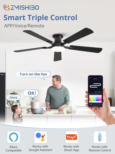 Vista 3 de ZMISHIBO Ventilador de techo inteligente de 52 pulgadas con luz RGB, Alexa/App/Control remoto Negro
