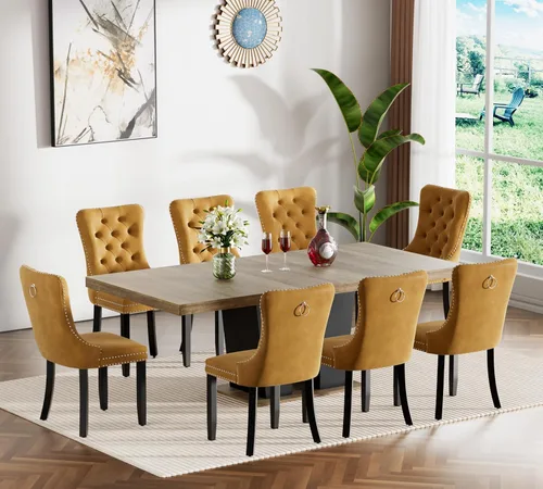 Vista 31 de Henf Juego de mesa de comedor extensible de 78 pulgadas para 6 mesas rectangulares de madera de 7 piezas con 6 sillas tapizadas de terciopelo, mesa