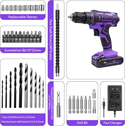 Vista 5 de Purple 20V Cordless Drill Electric Drill set, Electric Screwdriver with 2 Batteries & Charger, 3/8" Keyless Chuck, 25+1 Torque 2-Speed Hammer Drill