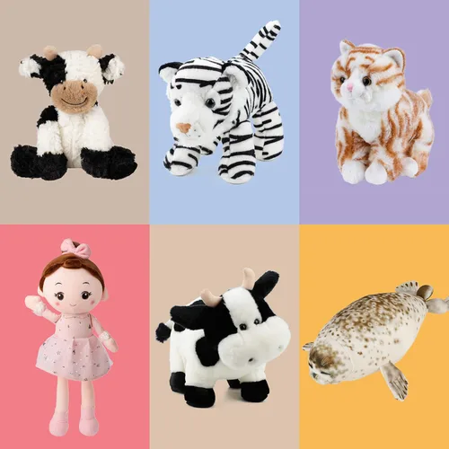 Vista 9 de Hopearl Adorable Vaca de Peluche, Juguetes de Vaca Flexible Suave, Animales de Peluche, Regalos de Cumpleaños Lindos para Niños, Niñas, Niños