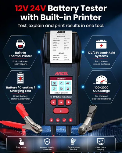 Vista 4 de ANCEL BST600 - Probador de batería de coche con impresora - 12V/24V, 100-2000 CCA, probador digital de carga de batería automática - Prueba