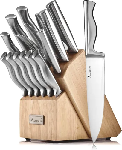 Vista 10 de Kangdelun Juego de cuchillos de cocina ultra afilados de 15 piezas con bloque de madera, mango ergonómico antideslizante exclusivo, acero 50CR15MOV