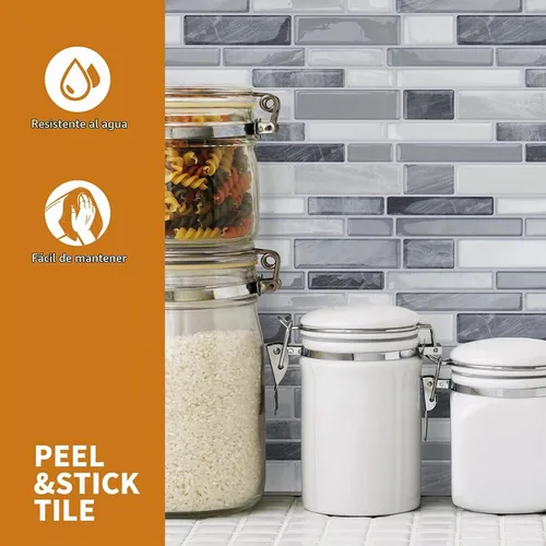 Vista 4 de WOWSTAR Azulejos Autoadhesivos de 10 Hojas para Salpicadero de Cocina, Azulejos Adhesivos para Salpicadero de Cocina (12"x 12", Gris) Pelar