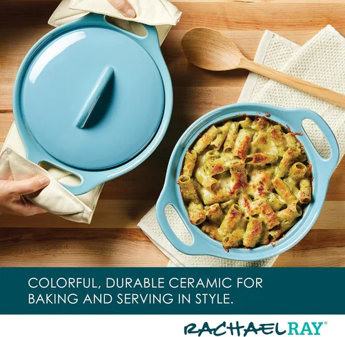 Vista 3 de Rachael Ray Solid Glaze Ceramics - Juego de utensilios para hornear/panadería con tapa compartida, 3 piezas, azul agave