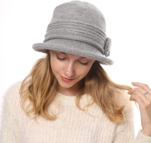 Vista 43 de C-US - Gorro de punto cálido para mujer, con visera de ganchillo con acento de flores