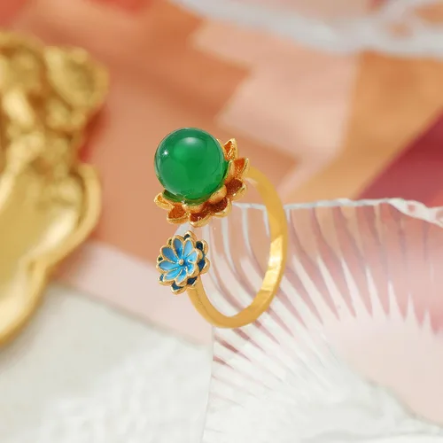 Vista 6 de Anillos de jade de loto chino para mujer, anillo étnico ajustable de apertura, Esmalte, No