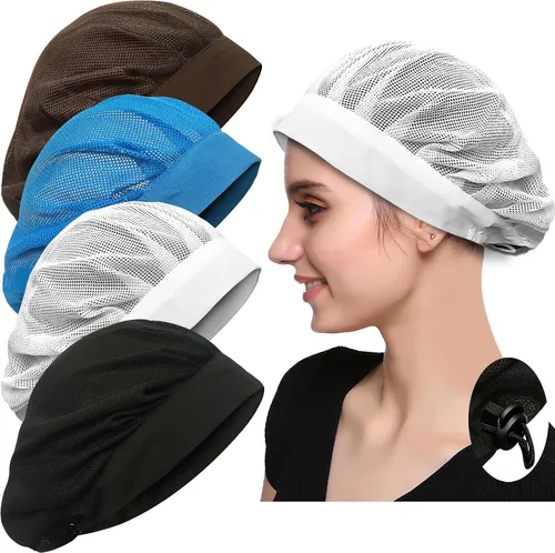 Vista 12 de Paquete de 4 u 8 gorros de chef para cocina, gorra de chef ajustable para servicio de alimentos, redes para el cabello, reutilizables, lavables