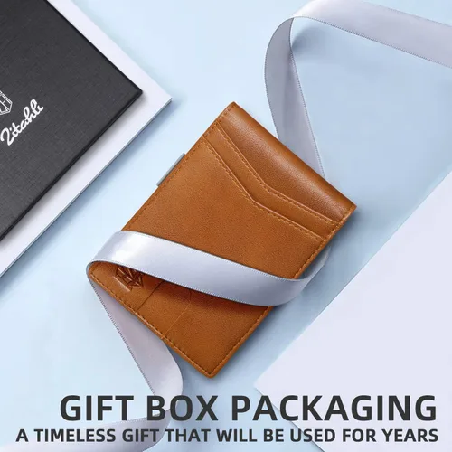 Vista 17 de Zitahli - Carteras delgadas con clip para dinero para hombre, tarjetero minimalista, de cuero, plegable, con bloqueo RFID, cartera de bolsillo