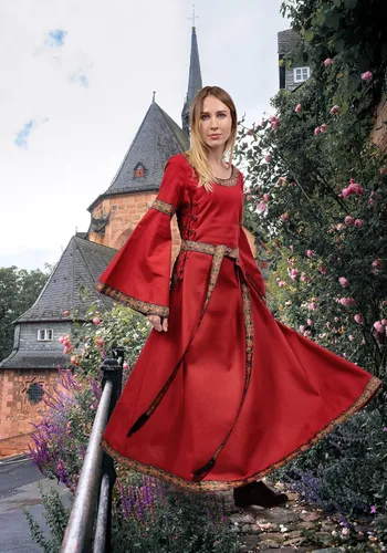 Vista 5 de KUOIN Women's Renaissance Embroidered Dress, Long Sleeve Lace-up Viking Queen Cosplay Costume with Belt for Wedding Prom