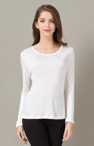 Vista 4 de CLC - Camiseta de seda de morera para mujer, manga larga, cuello redondo, tejido de punto