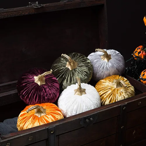 Vista 2 de Ogrmar Juego de 6 calabazas de terciopelo hechas a mano, calabaza rellena súper suave con exquisita artesanía para decoración de otoño, Halloween
