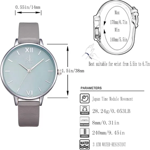 Vista 4 de SK - Reloj de pulsera para mujer, correa de piel, de cuarzo, reloj de lujo japonés de cuarzo.
