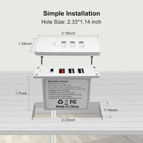 Vista 3 de Enchufe USB C con enchufe empotrado USB C Power Strip Outlet con carga rápida 4 puertos USB 20W montado en la cama escritorio mesa sofá (blanco)
