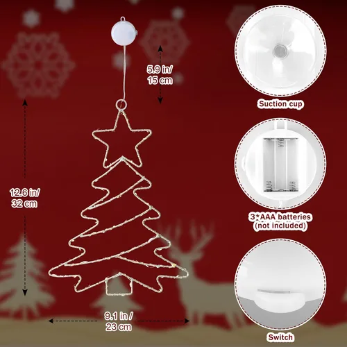 Vista 4 de 2 piezas de luces de ventana de Navidad, luces de árbol de Navidad con batería, luces de ventana de Navidad con marco de metal, decoraciones