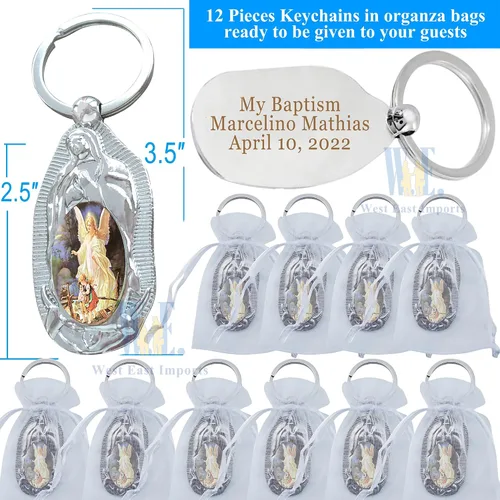 Vista 2 de 12 piezas personalizadas de bautismo de recuerdo de fiesta, llavero de metal de ángel de la guarda, regalo de bautizo para grabado de invitados