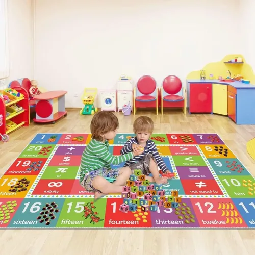 Vista 7 de Alfombra educativa de aprendizaje con números, símbolos matemáticos y formas, alfombra de juego de reconocimiento y conteo de frutas, alfombra
