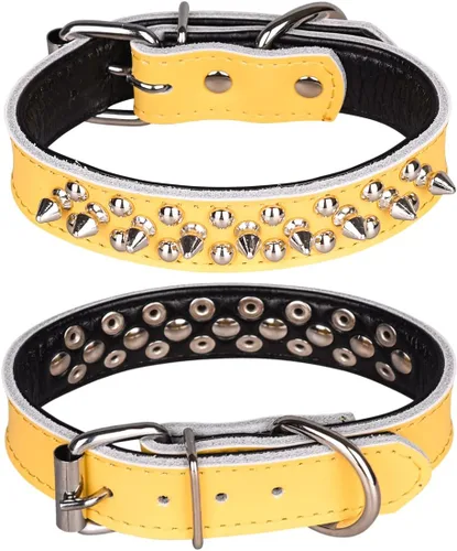 Vista 9 de Collar de perro con tachuelas, collar de perro de cuero genuino, collares ajustables para mascotas pequeñas o medianas (S, negro-1)