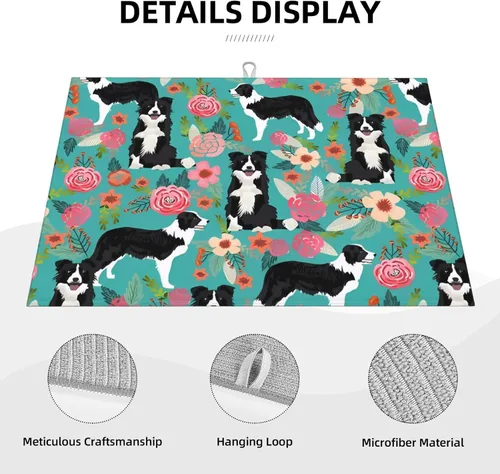 Vista 3 de Tapete de secado de platos para encimera de cocina, tapete escurridor antideslizante Border Collie Florals, almohadilla de secado de platos