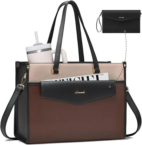 Vista 14 de LOVEVOOK Bolsa para laptop para mujer, 15.6 pulgadas, bolsa de mano para laptop 2 en 1, bolsa de trabajo profesional, maletín de negocios con bolso